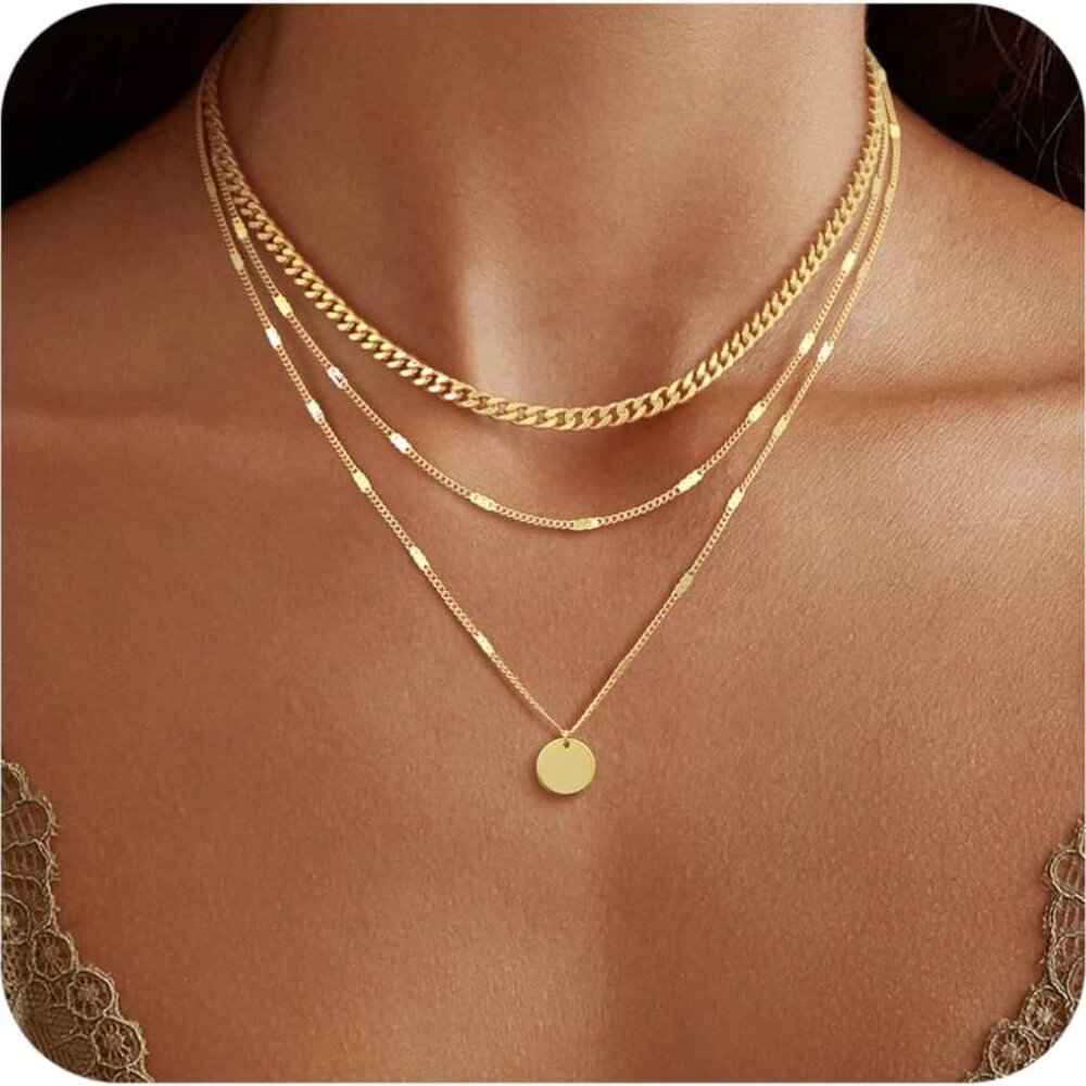 14K Gold Plated Layering Necklaces For Women Gold Necklace Set, Cuban Link, Snak